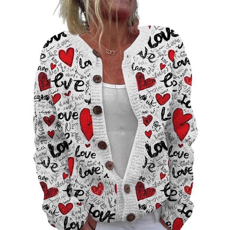 Women's Heart Print Button Cardigan Sweater
