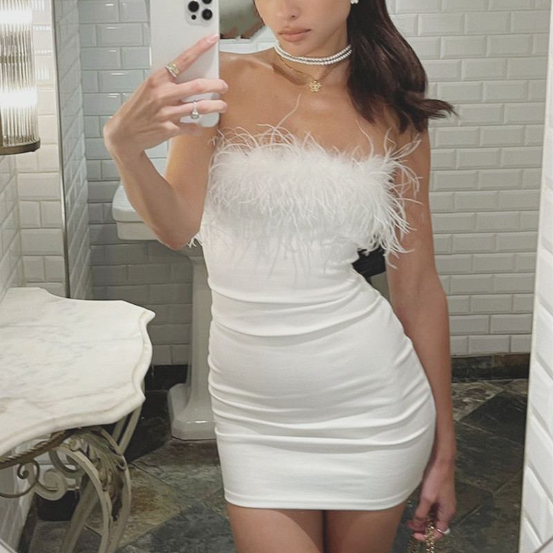Women's Off-Shoulder Faux Fur Tube Dress Cutout Bodycon