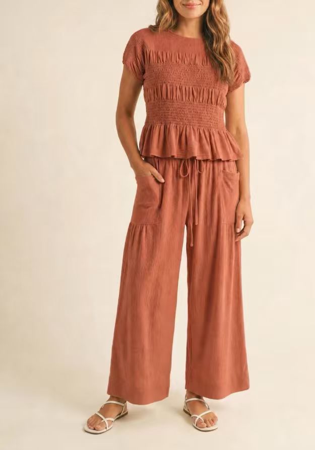 Women's Solid Color Smocked High Waist Wide Leg Pants Short Sleeve Casual Two-Piece Set