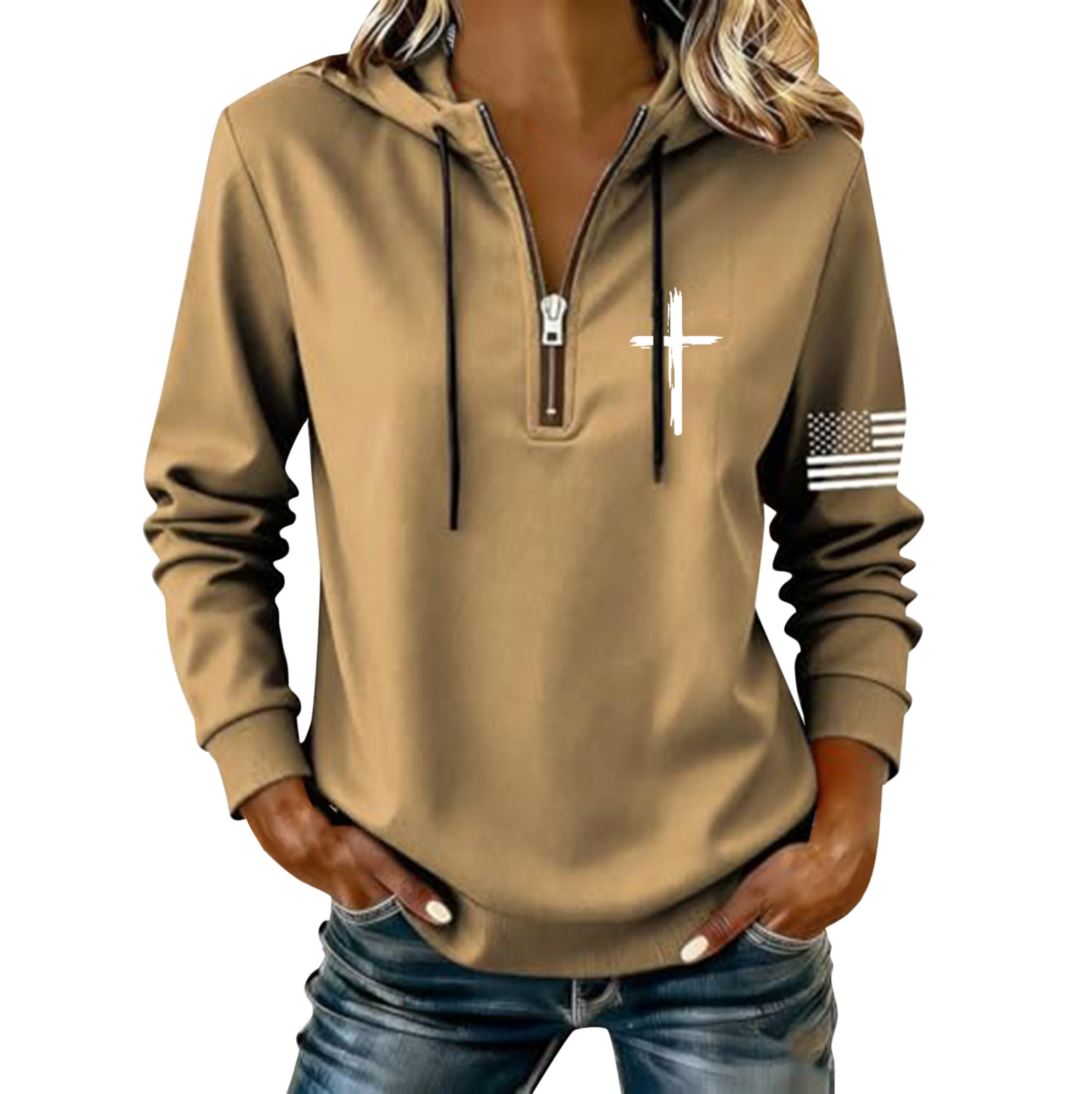 Women's Cross & American Flag Print Half-Zip Sweatshirt