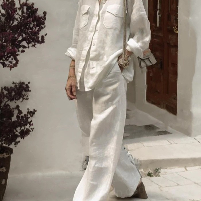 Women's Cotton Two-Piece Shirt and Pants Set Long Sleeve Loose Fit