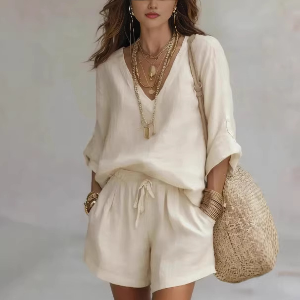Women's Tie-Front Shorts and Long-Sleeve Top Set Casual Minimalist