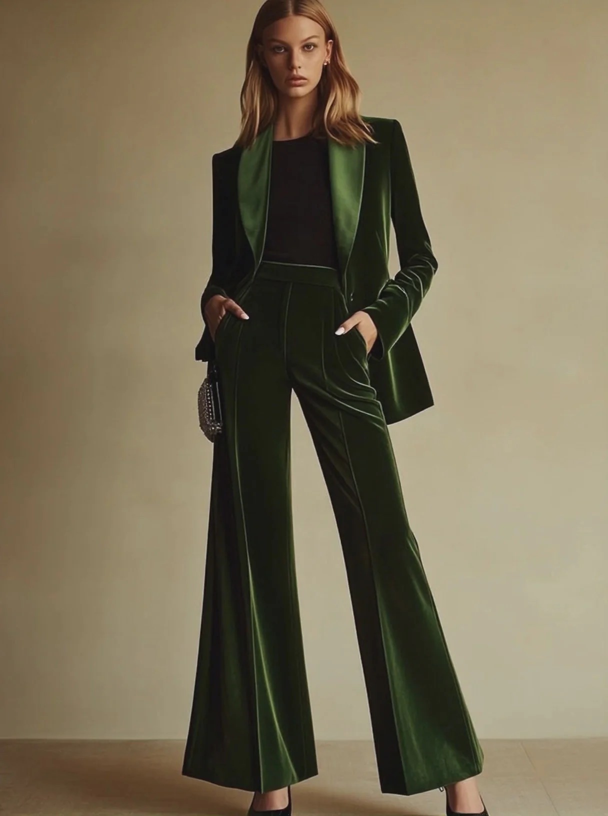 Velvet Blazer and Slim Pants Two-Piece Set for Women