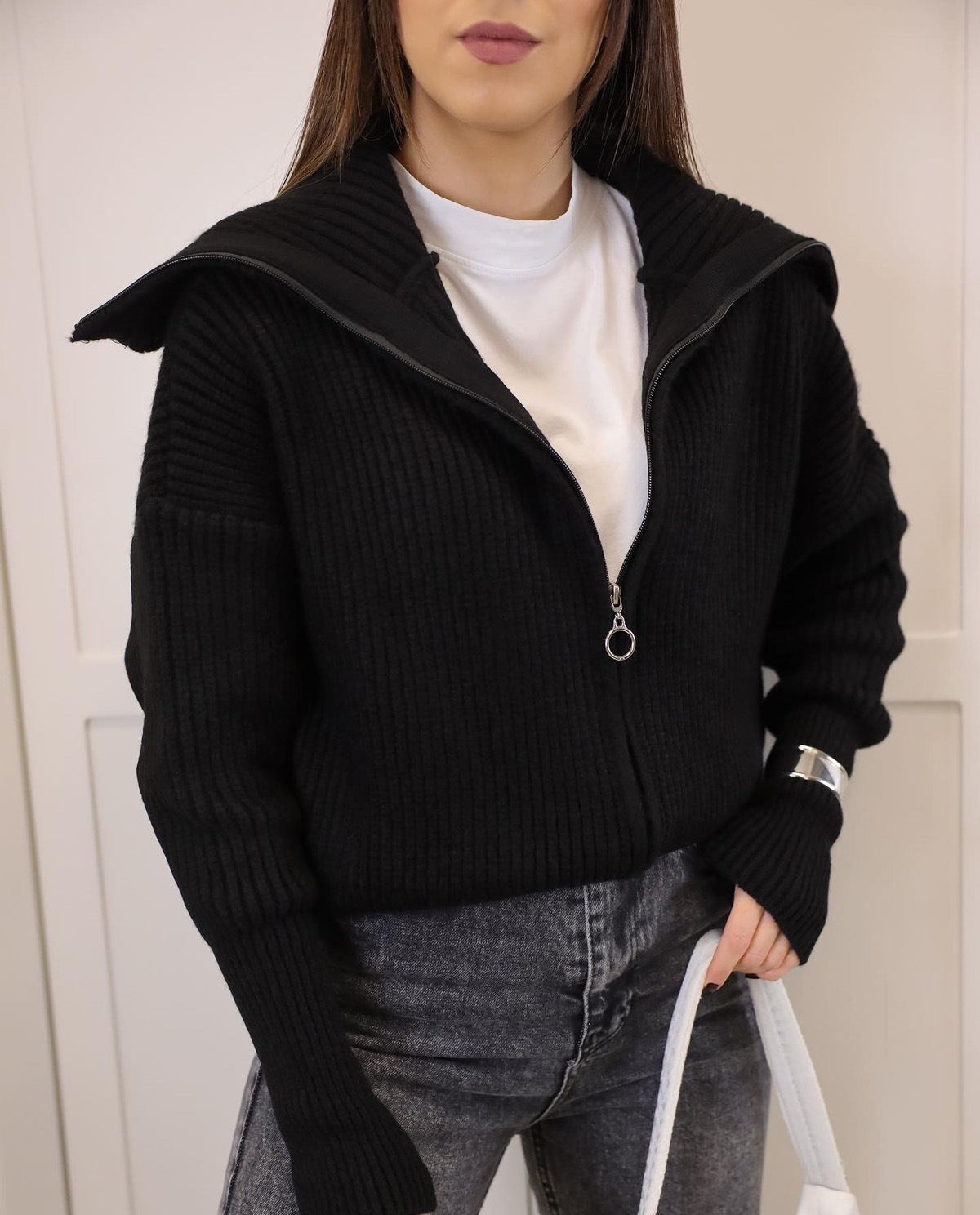 Women's Thick Loose V-Neck Zip-Up Cardigan Sweater Coat Solid Color