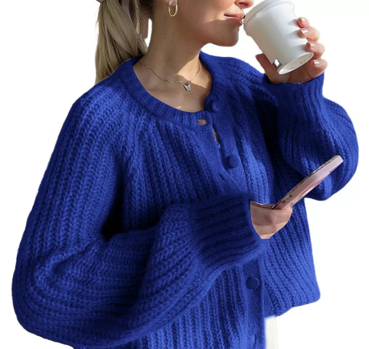 Women's Solid Knit Cardigan Crewneck Long Sleeve Sweater