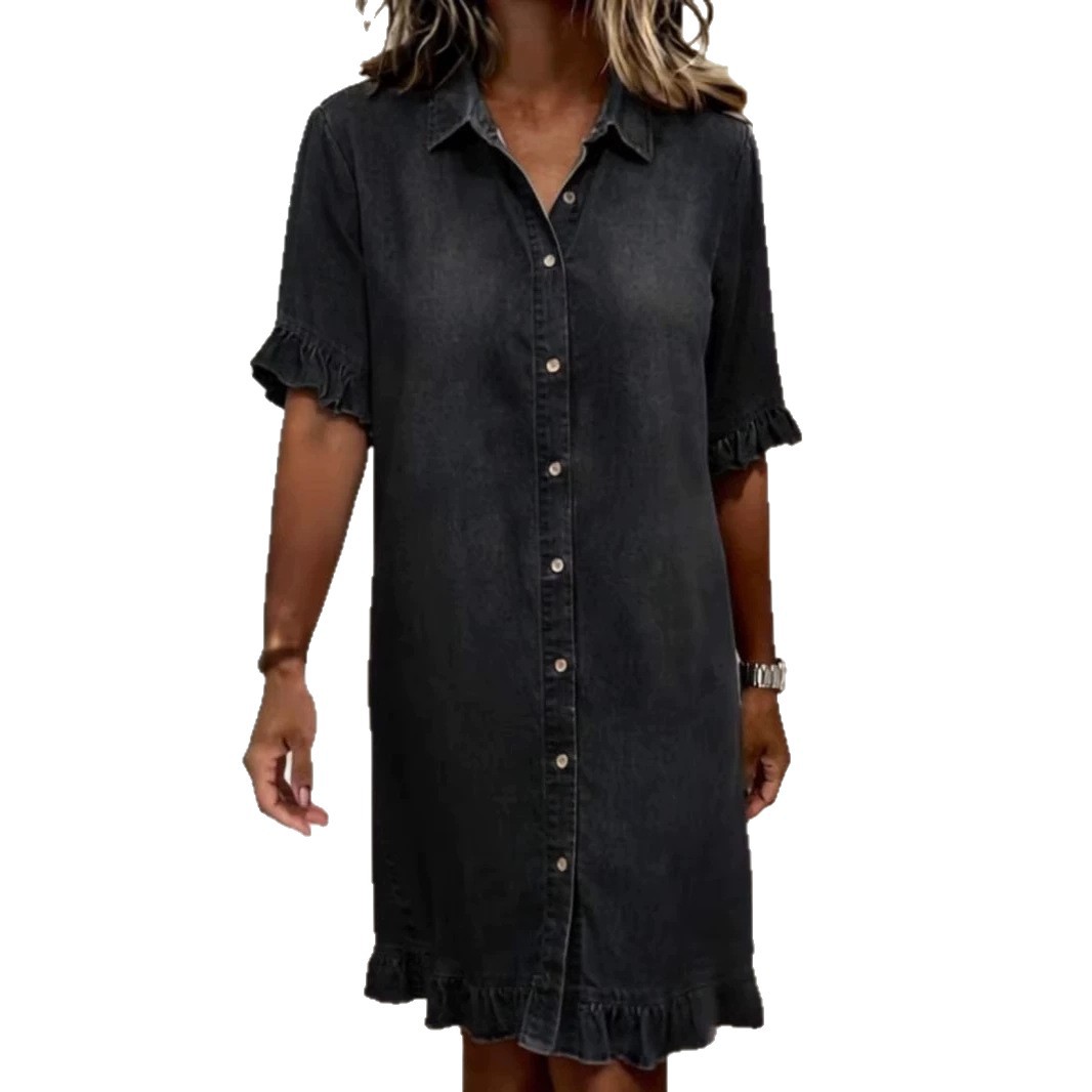Women's Ruffle Cuff Loose Shirt Denim Dress