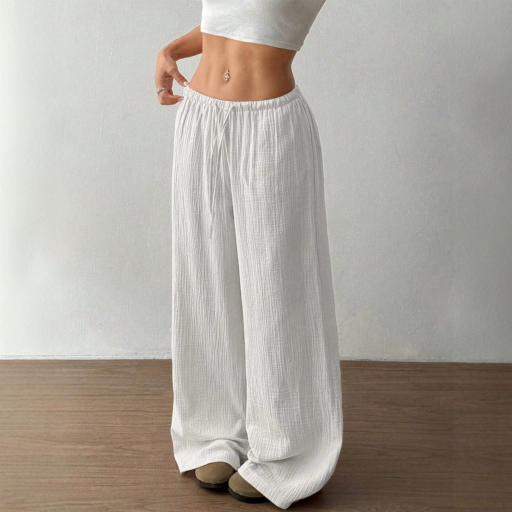 Women's Pure Cotton Solid Color Wide-Leg Floor-Length Pants