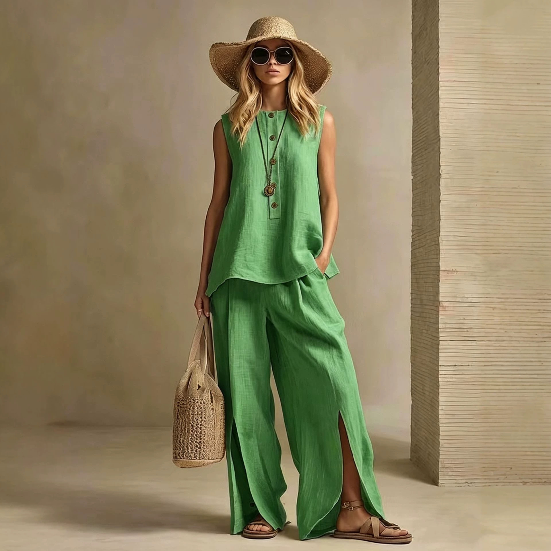 Women's Sleeveless Shirt & Pants Two-Piece Set Loose Fit