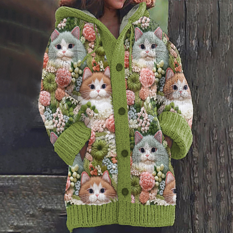 Women's Animal & Plant Print Hooded Button Cardigan