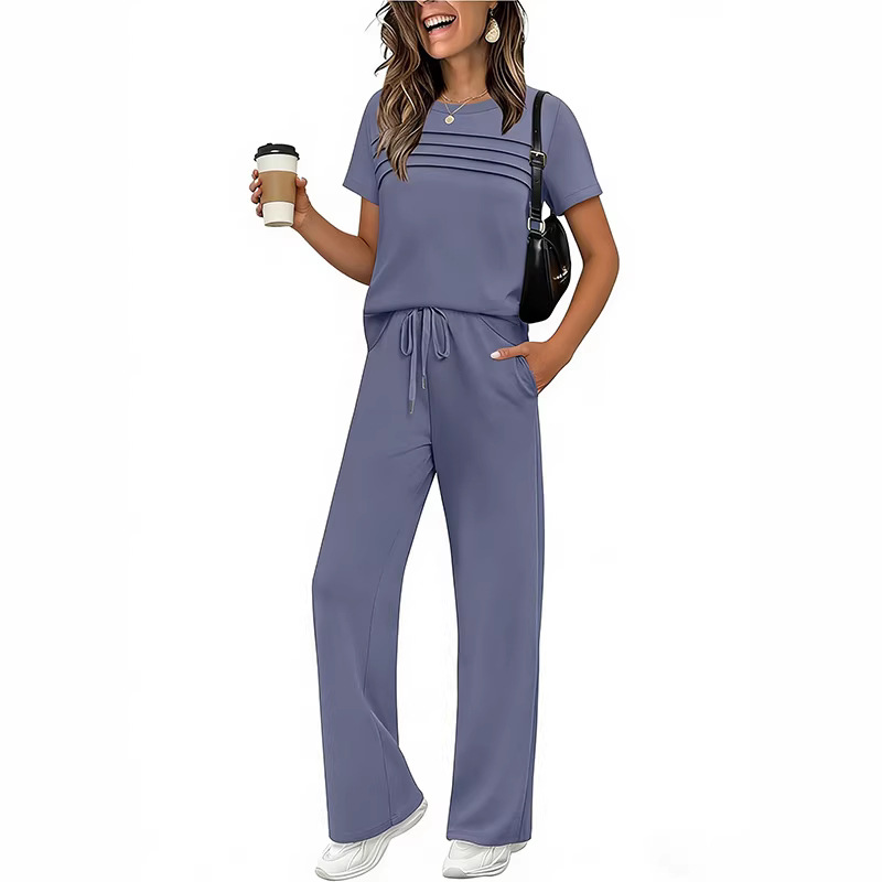 Women's Short Sleeve T-Shirt & Wide Leg Pants Set Casual Solid Color