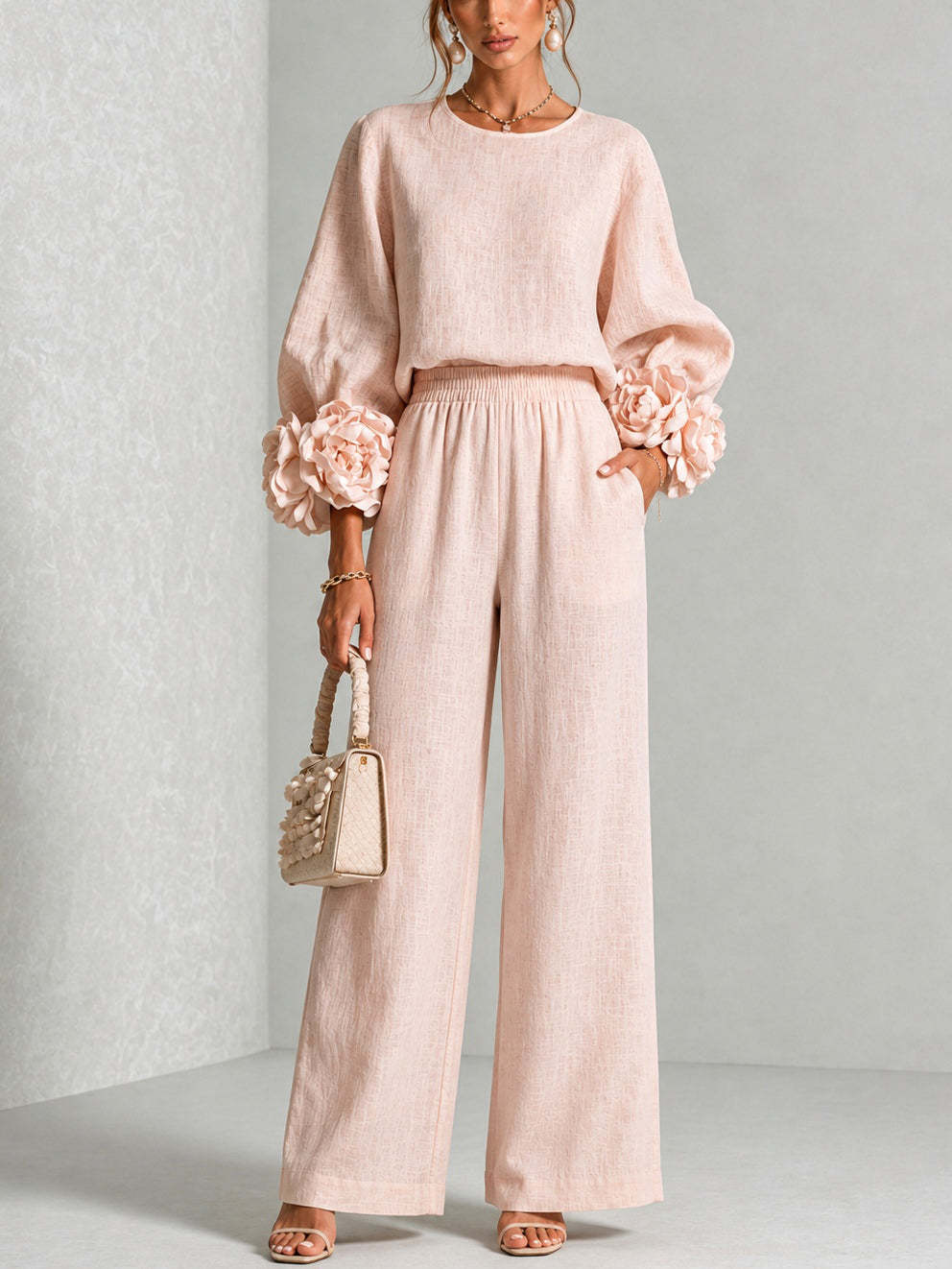 Floral Cuff Top and Wide-Leg Pants Set