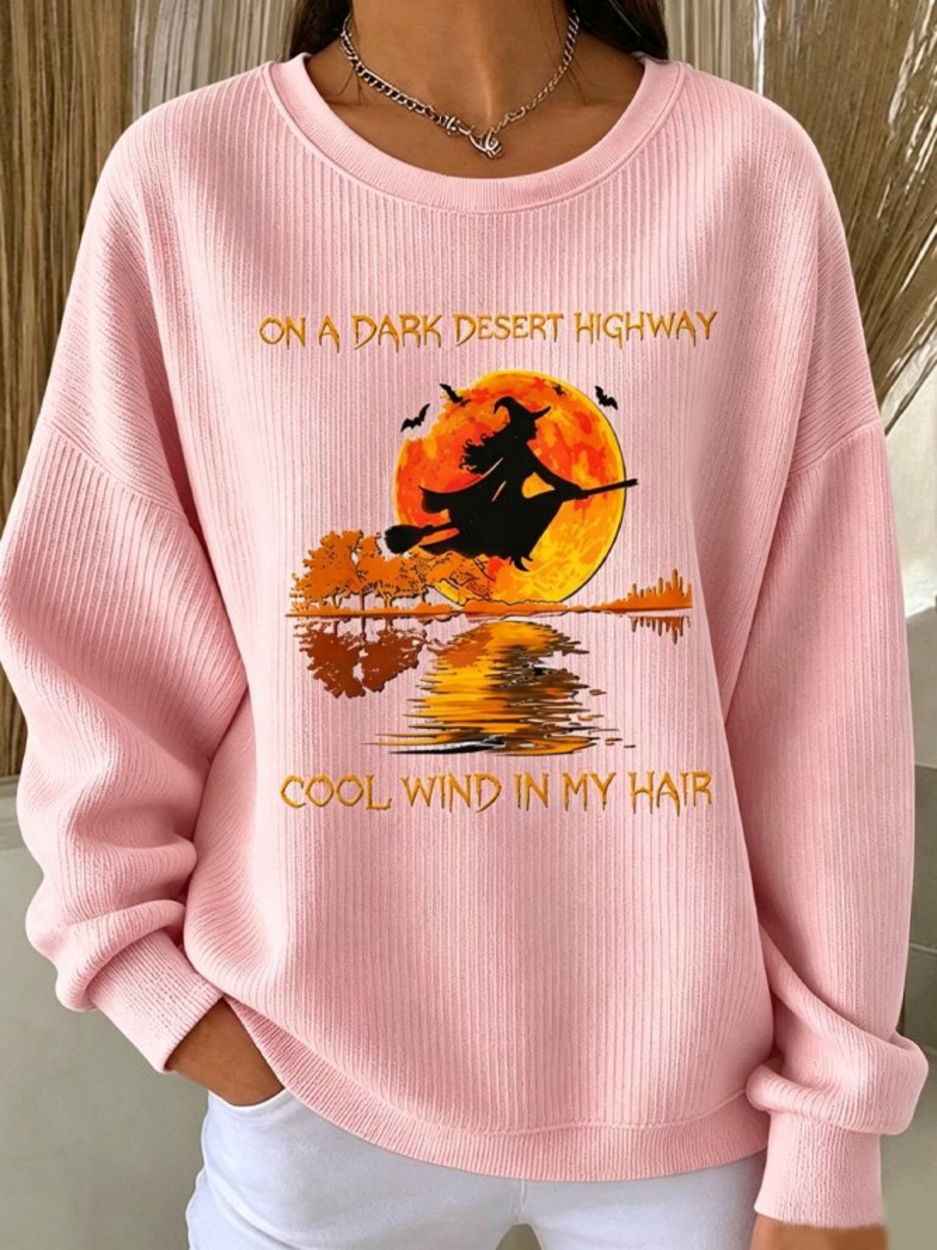 Halloween Witch Broom Print Crewneck Long-Sleeve Pullover Sweatshirt
