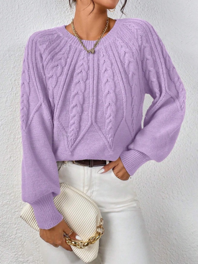 Women's Cable Knit Crewneck Pullover Sweater Solid Color Casual Top