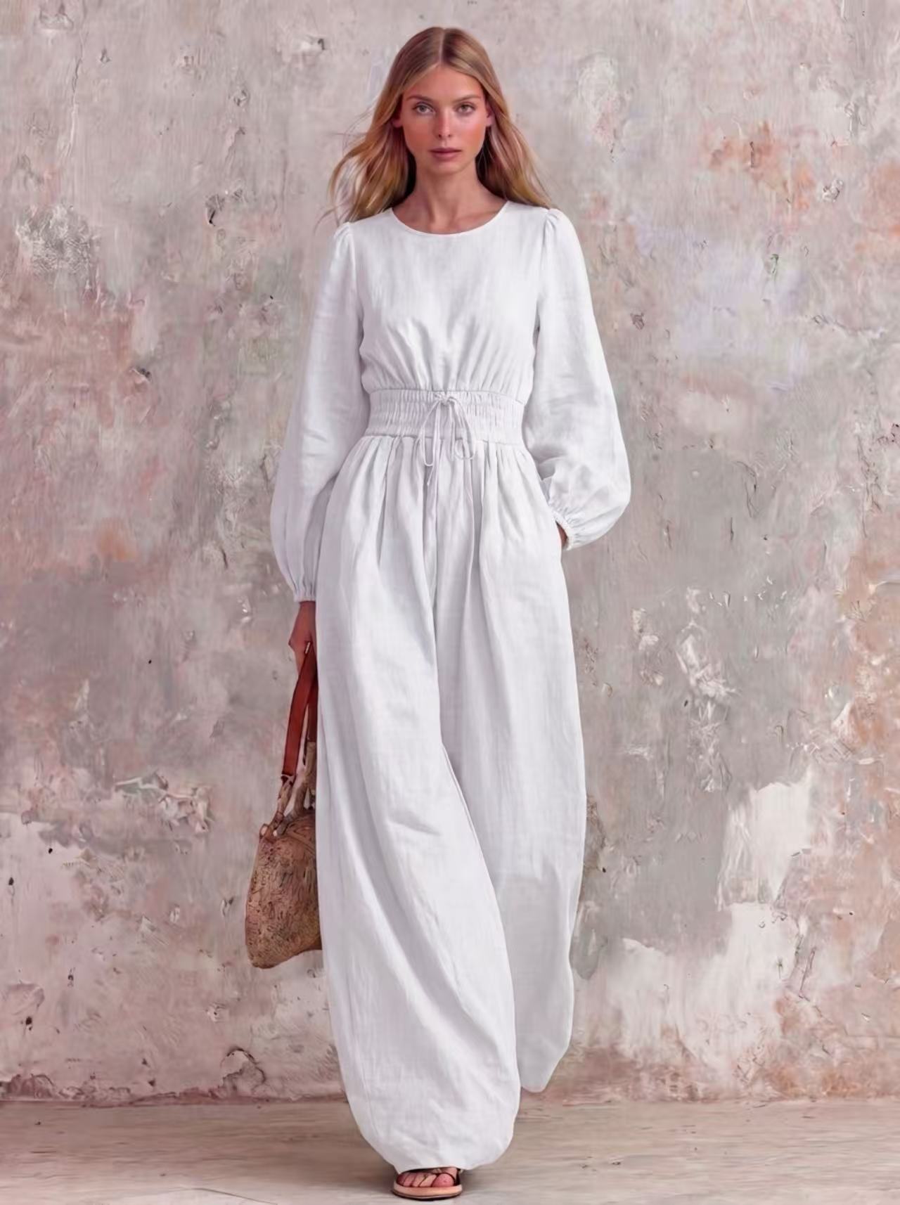 Women's Casual Vintage Solid Color Waist-Defining Smocked Jumpsuit