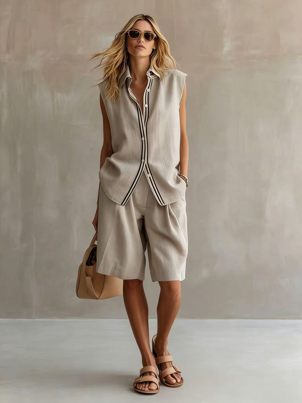 Women's Sleeveless Button-Front Linen-Blend Top and Shorts Set Casual Summer