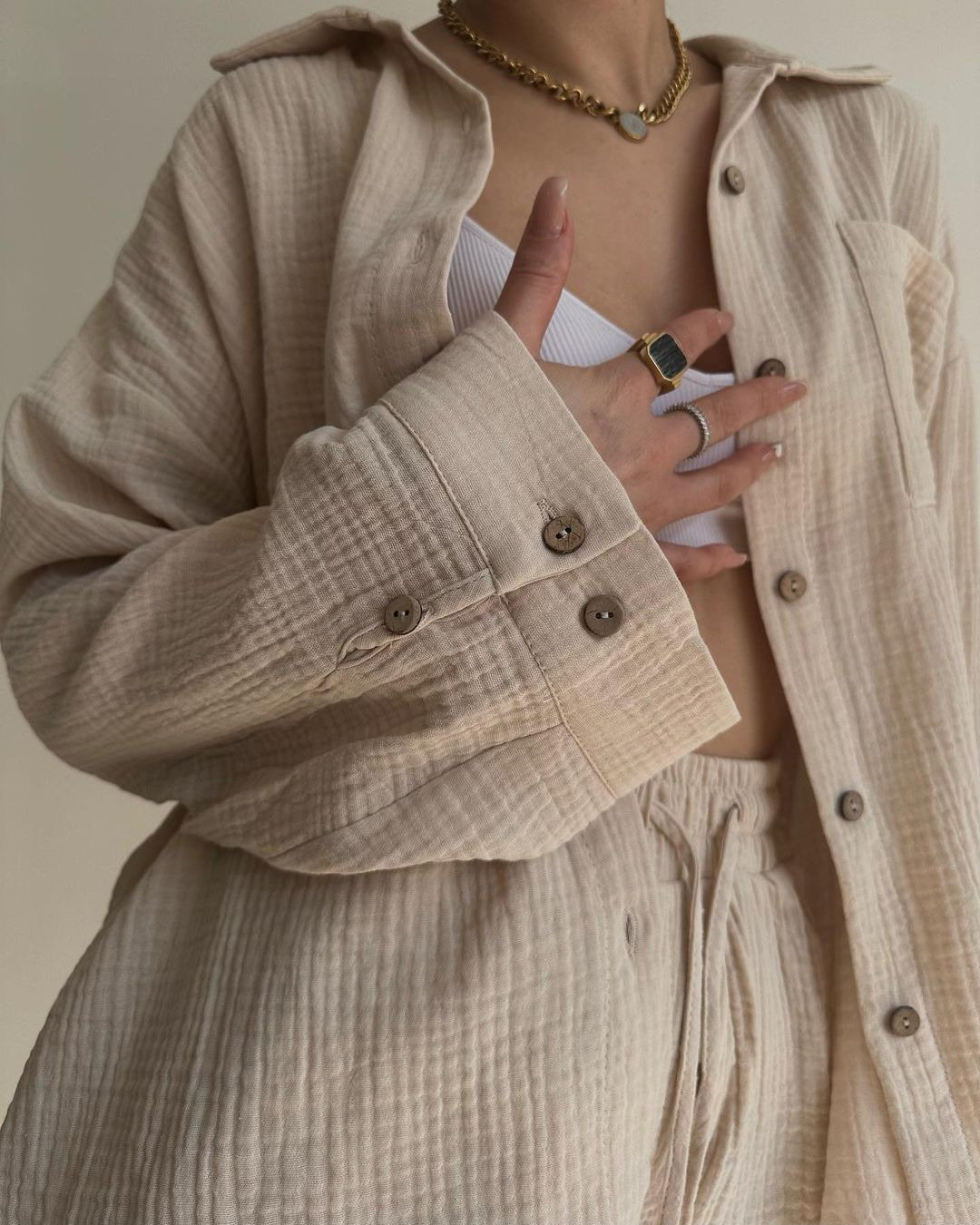 Women's Textured Collared Long Sleeve Shirt and Drawstring Shorts Set