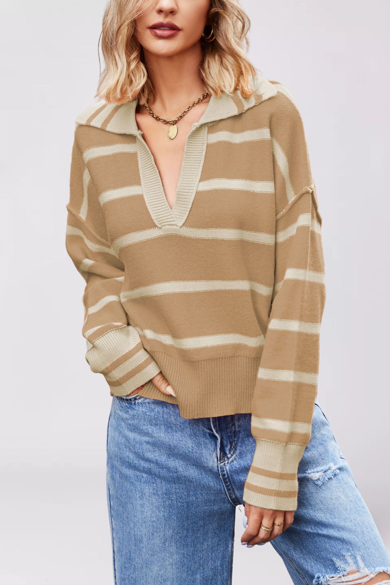 Striped Colorblock Knit Sweater with Collar Loose Plus Size