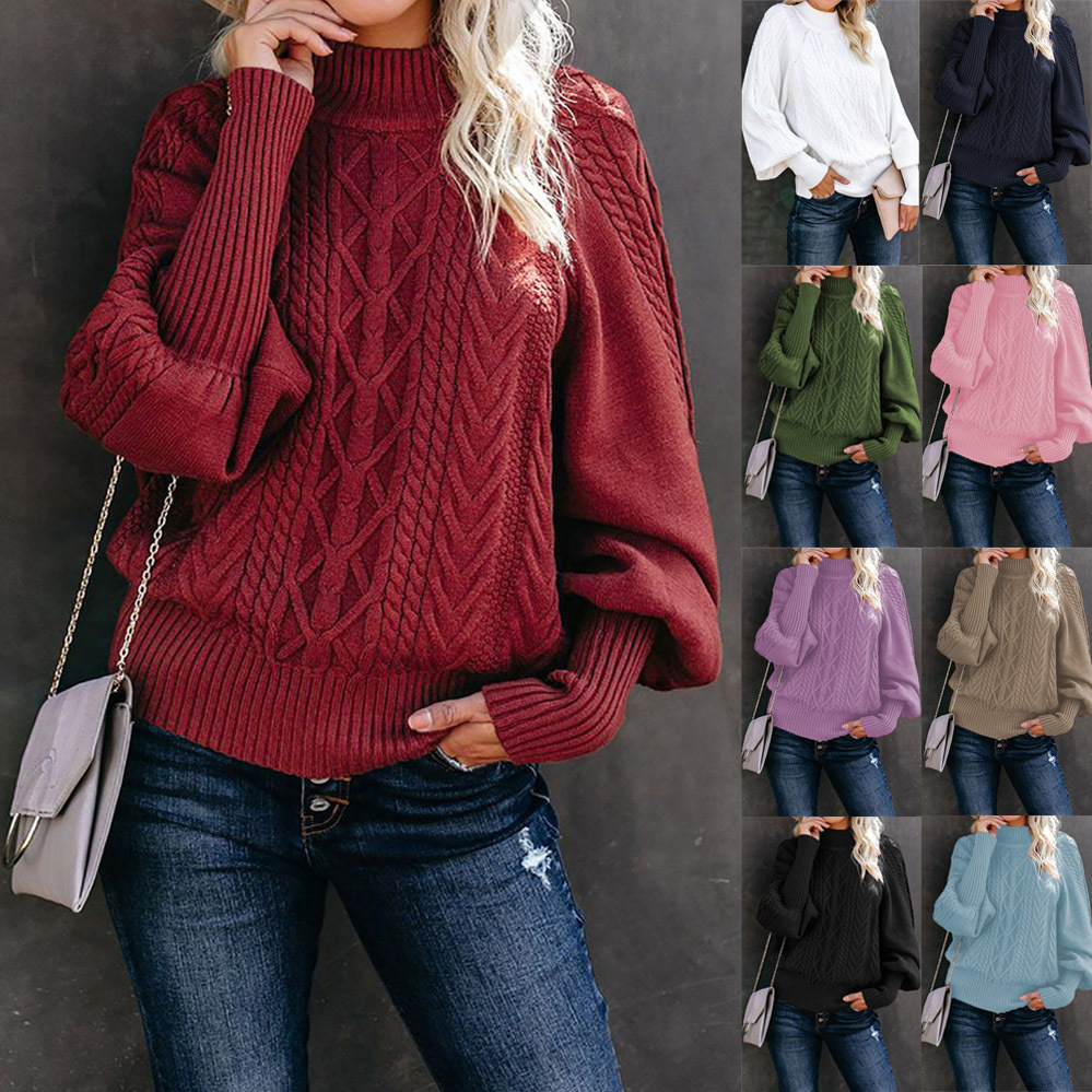 Women's Mock Neck Sweater Loose Fit Long Sleeve Knit Solid Color Pullover