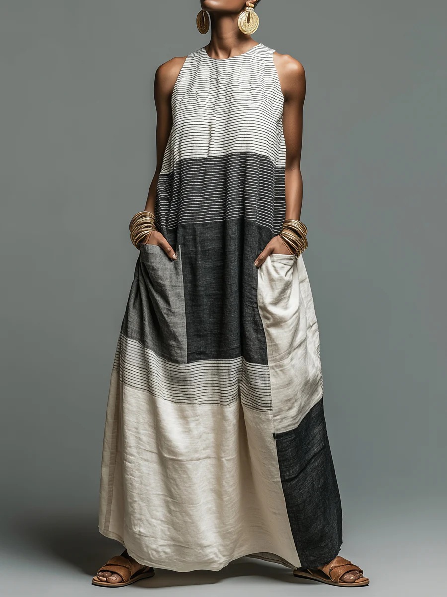Women's Sleeveless Color-Block Long Dress Casual Loose Fit