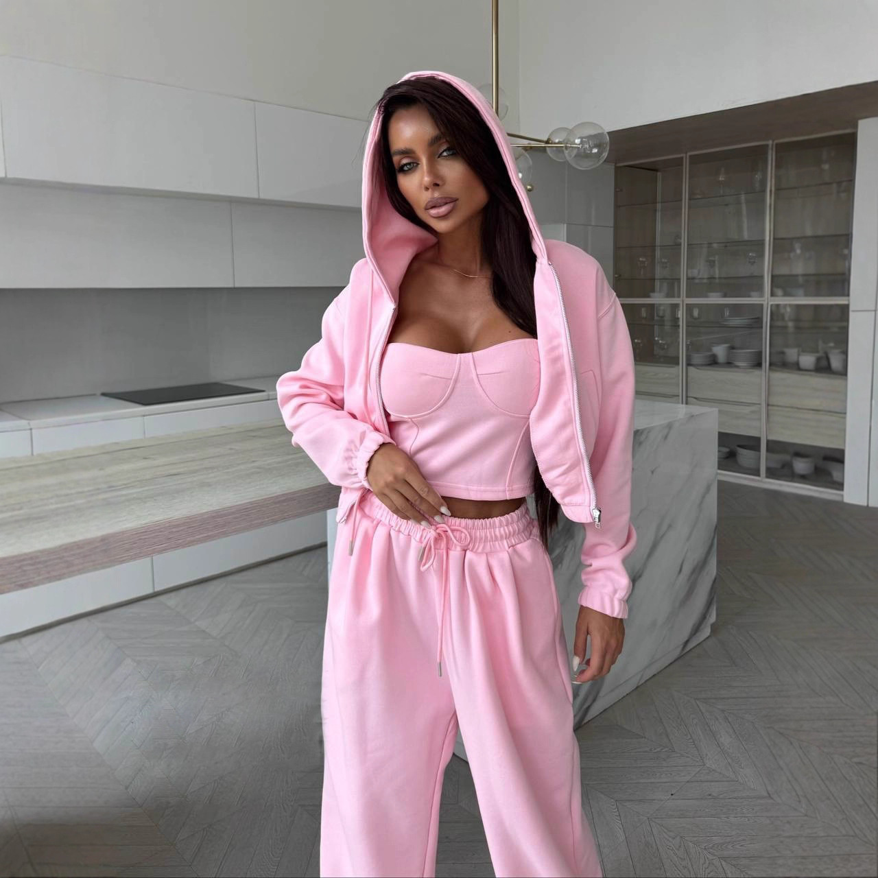 Women's Solid Color Hooded Zip Cardigan Sweatshirt and Wide-Leg Pants Two-Piece Set