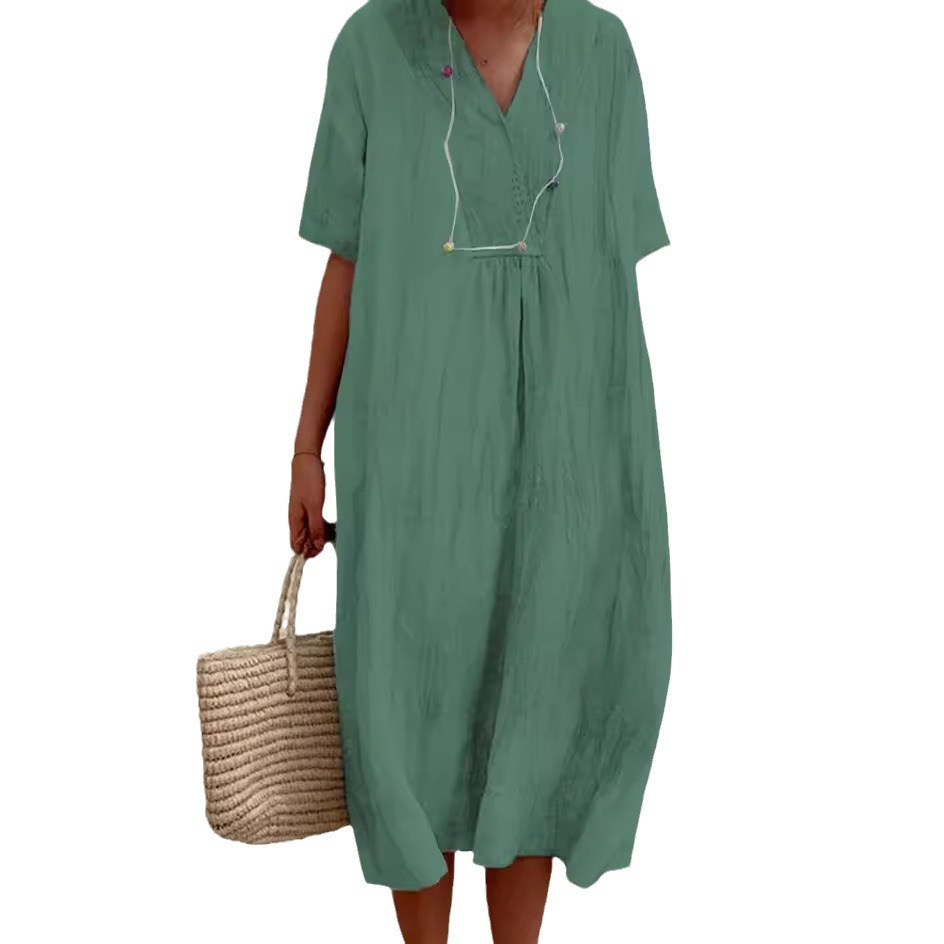 Women's Solid Cotton-Linen Casual Slimming Dress