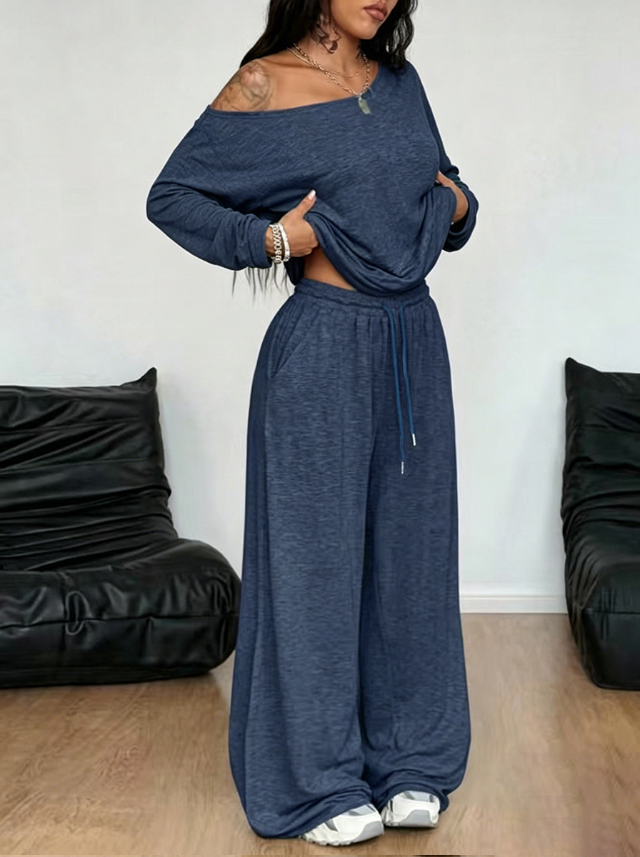 Women's Oblique Collar Wide-Leg Pants Set Solid Color Casual Two-Piece Long Sleeve