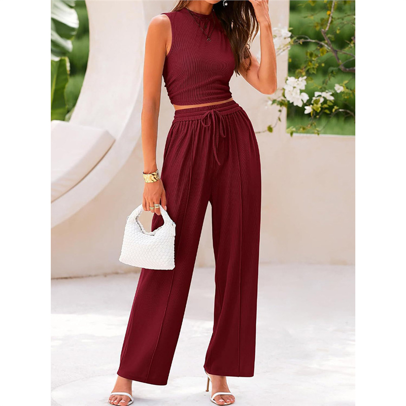Sleeveless Knit Two-Piece Set with Fitted Top and Wide-Leg Pants