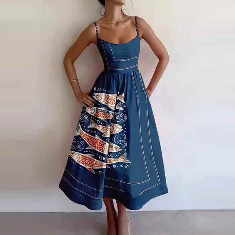 Women's Printed Sleeveless Ruched Waist Long Dress