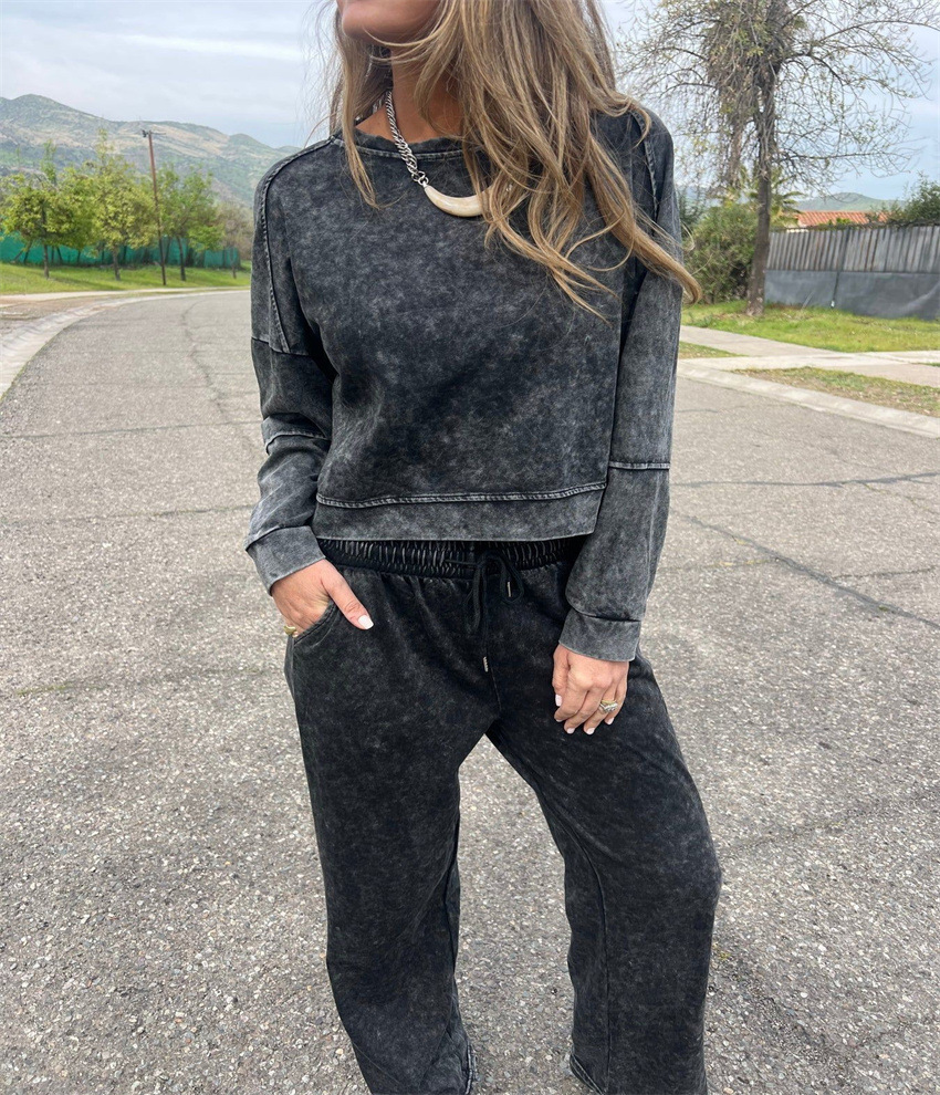 Women's Casual Two-Piece Pants Set with Drawstring Round Neck Long Sleeve