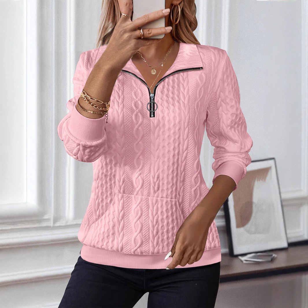 Women's Cable Knit Half-Zip Sweatshirt Collared Long Sleeve Top
