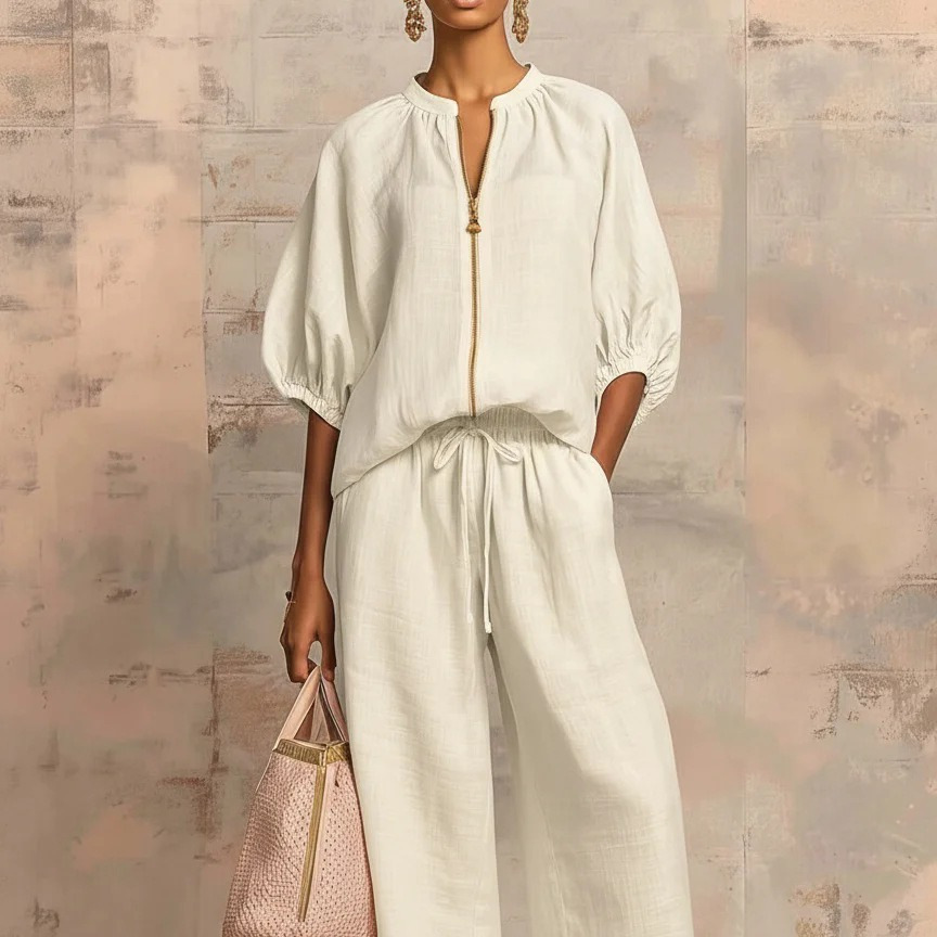 Women's Relaxed Solid Color Drawstring Two-Piece Pants Set