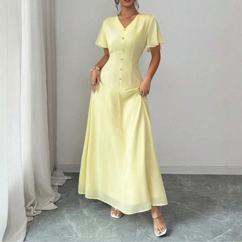 V-Neck Ruffle Short Sleeve Patchwork Midi Dress