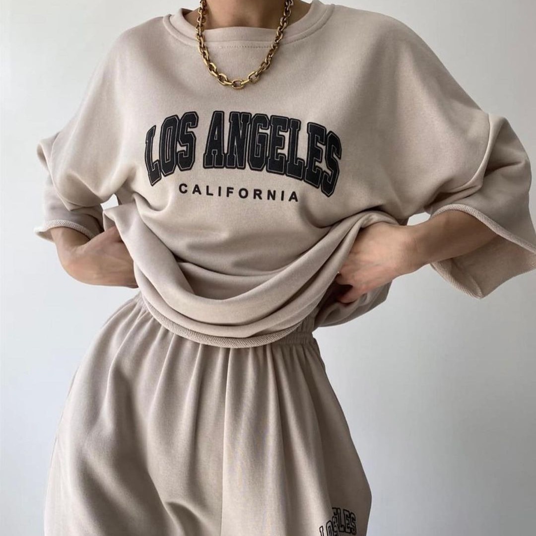 Women's Casual Print Short Sleeve Sweatshirt and Pants Two-Piece Set