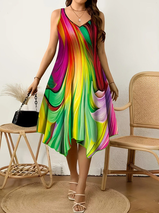 V-Neck Rainbow Gradient Loose Midi Dress