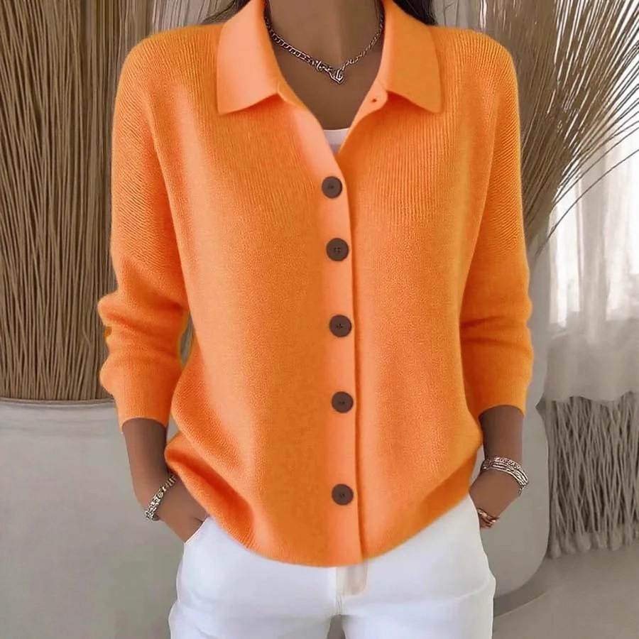 Button-Front Knit Cardigan Sweater with Collar, Solid Color Casual Women's Outerwear