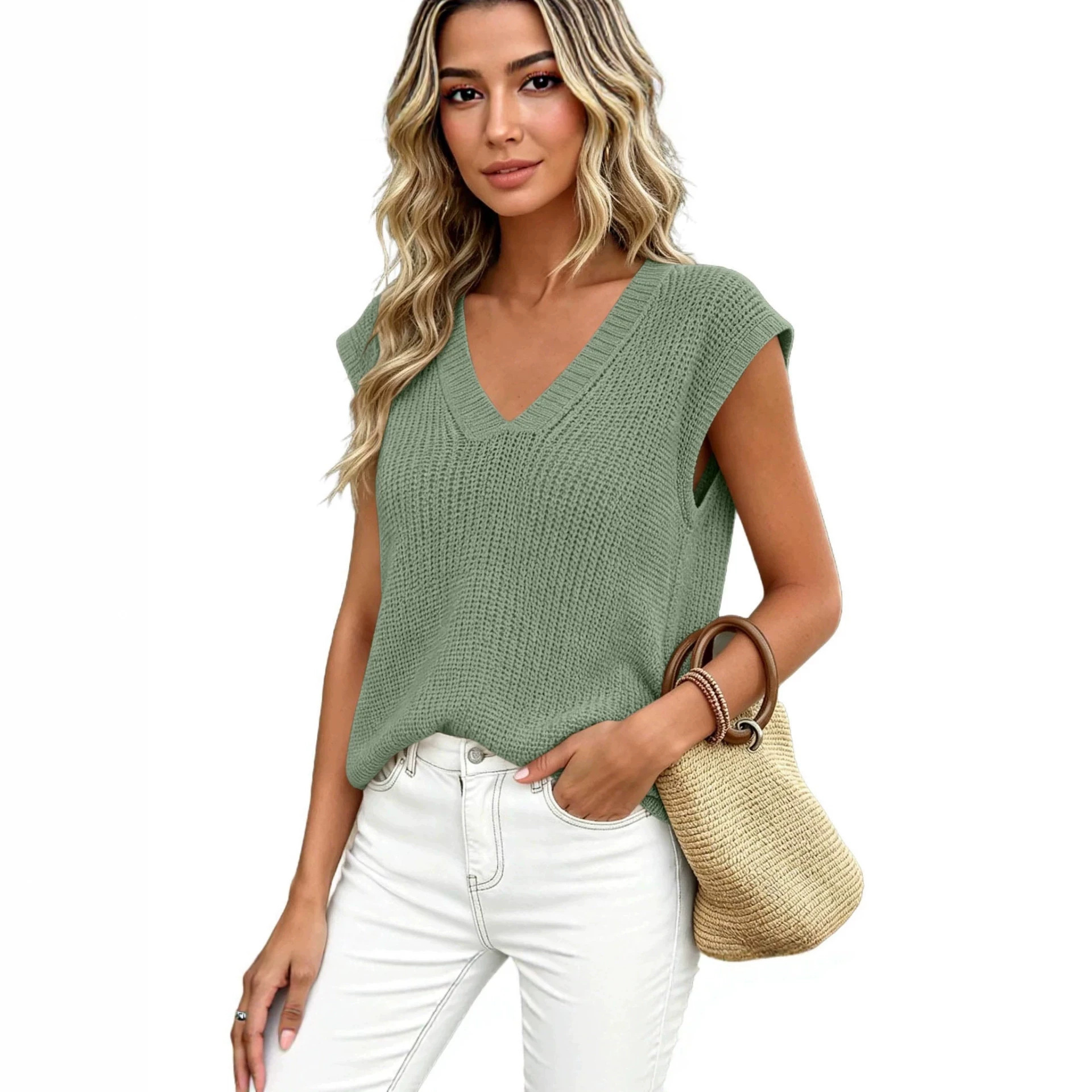Women's V-Neck Short Sleeve Knit Top Casual Solid Color