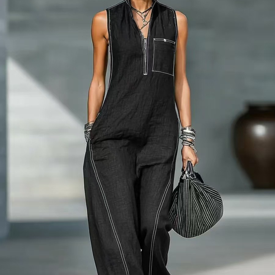 Women's Sleeveless Stand Collar Wide-Leg Jumpsuit Casual Loose Solid Color