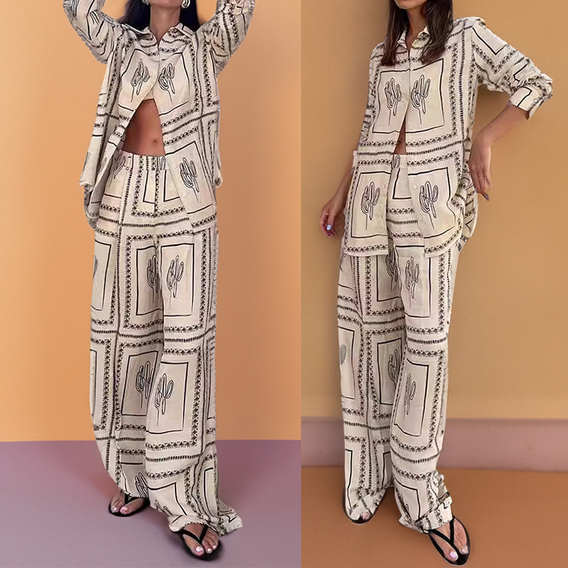 Women's Printed Shirt & Pants Set Casual Commuter Two-Piece Outfit