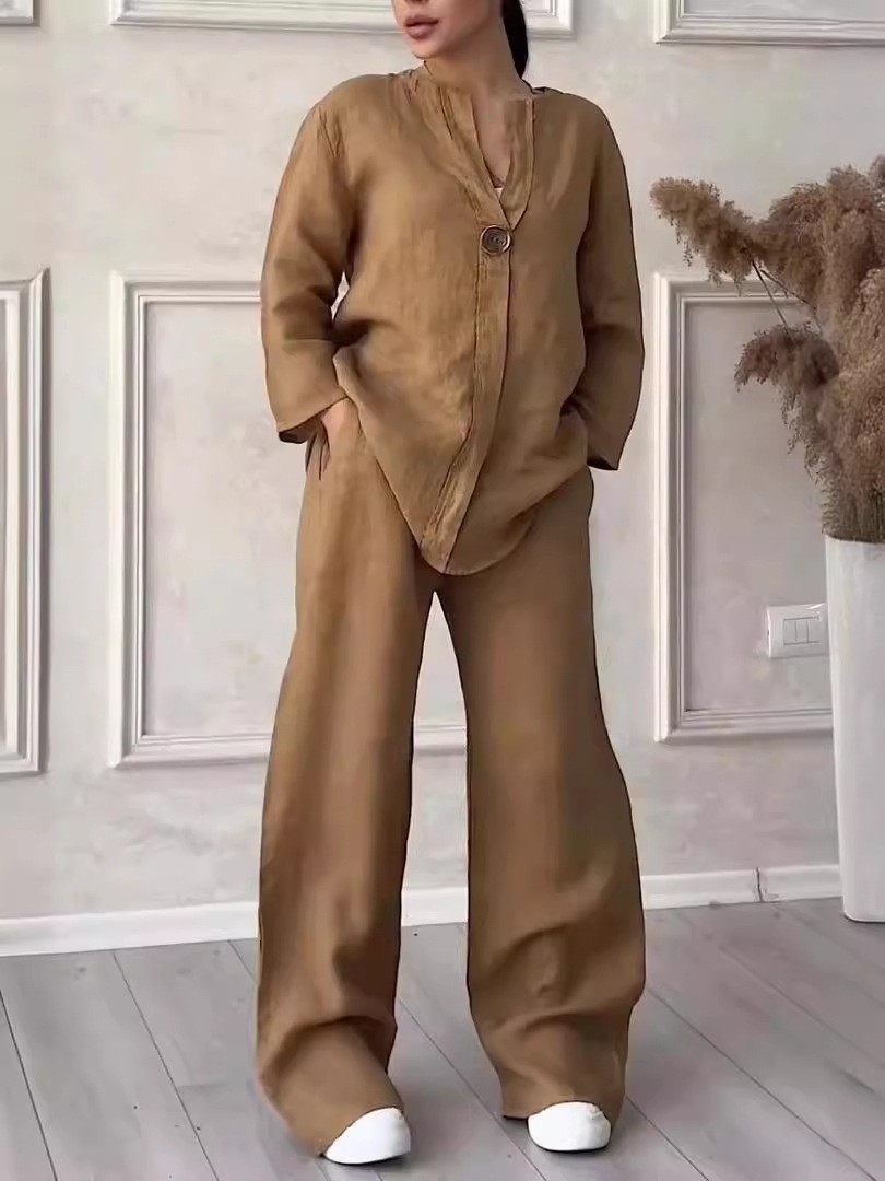 Women's Cotton-Linen Loose Top & Wide-Leg Pants Casual Set