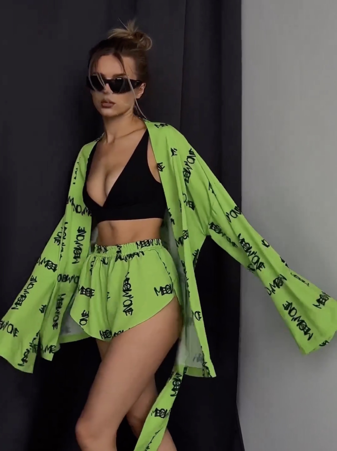 Women's Printed Long Sleeve Tie-Waist Pajama Set with High-Waist Shorts