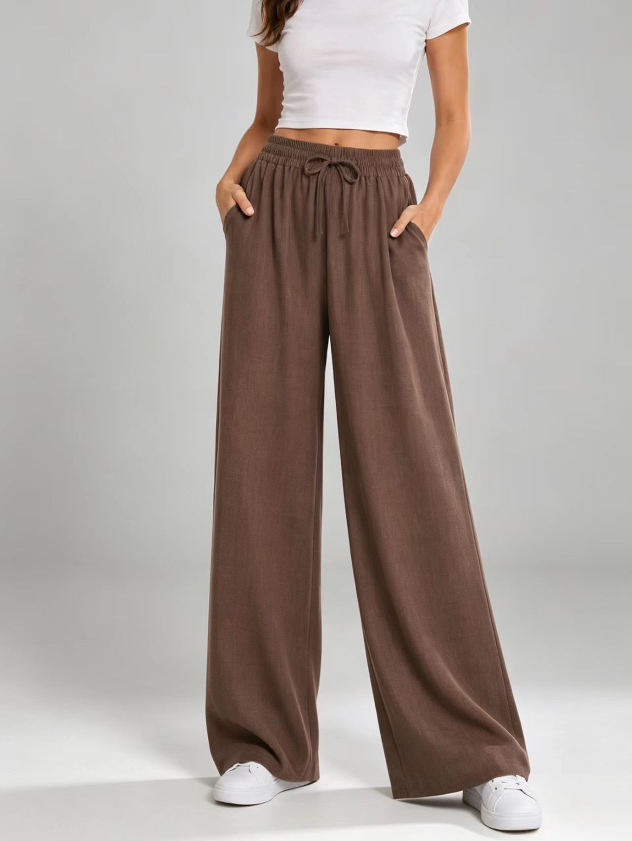 Drawstring High-Waist Straight-Leg Wide-Leg Pants for Women Solid Color