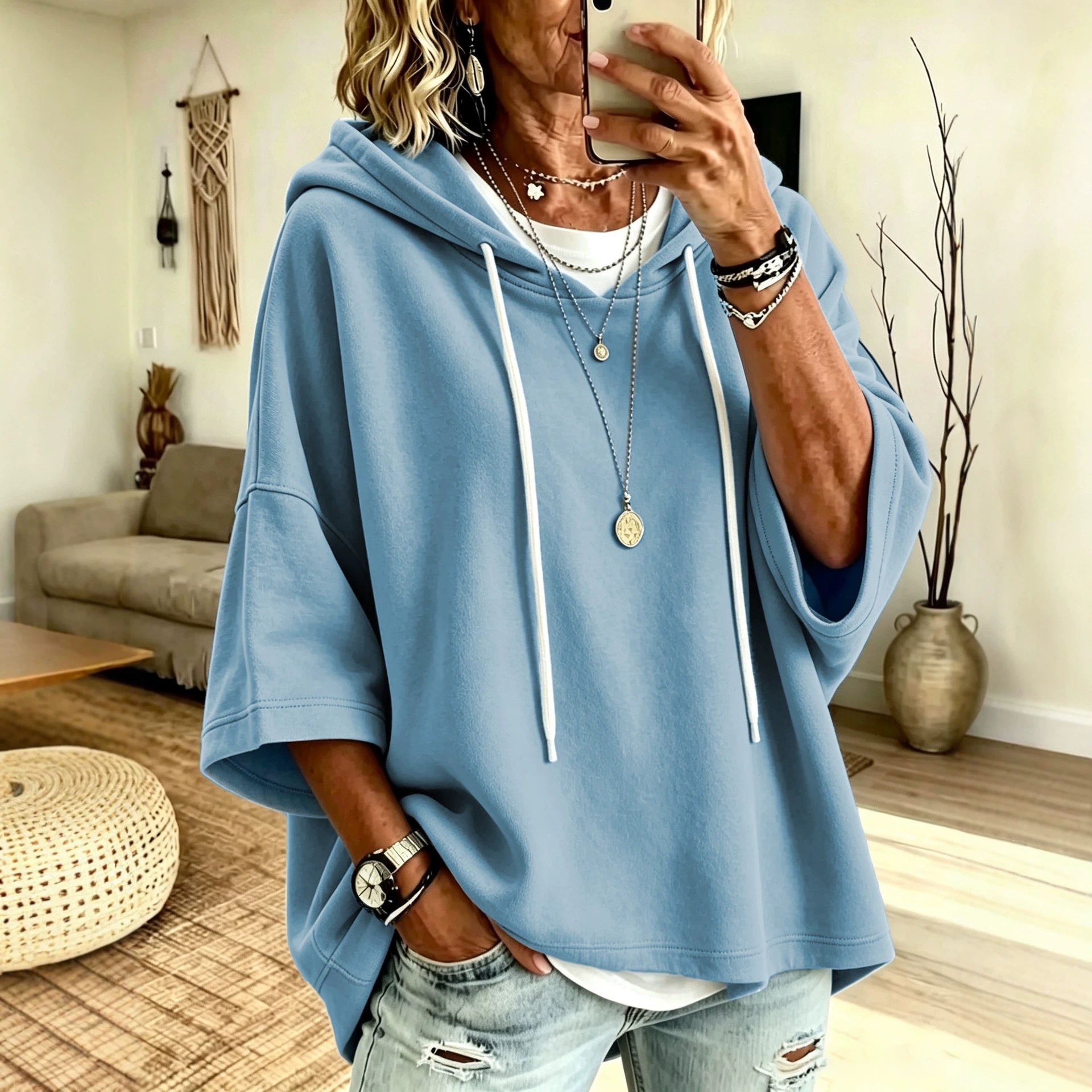 Women's 3/4 Sleeve Solid Color Casual Hooded Sweatshirt