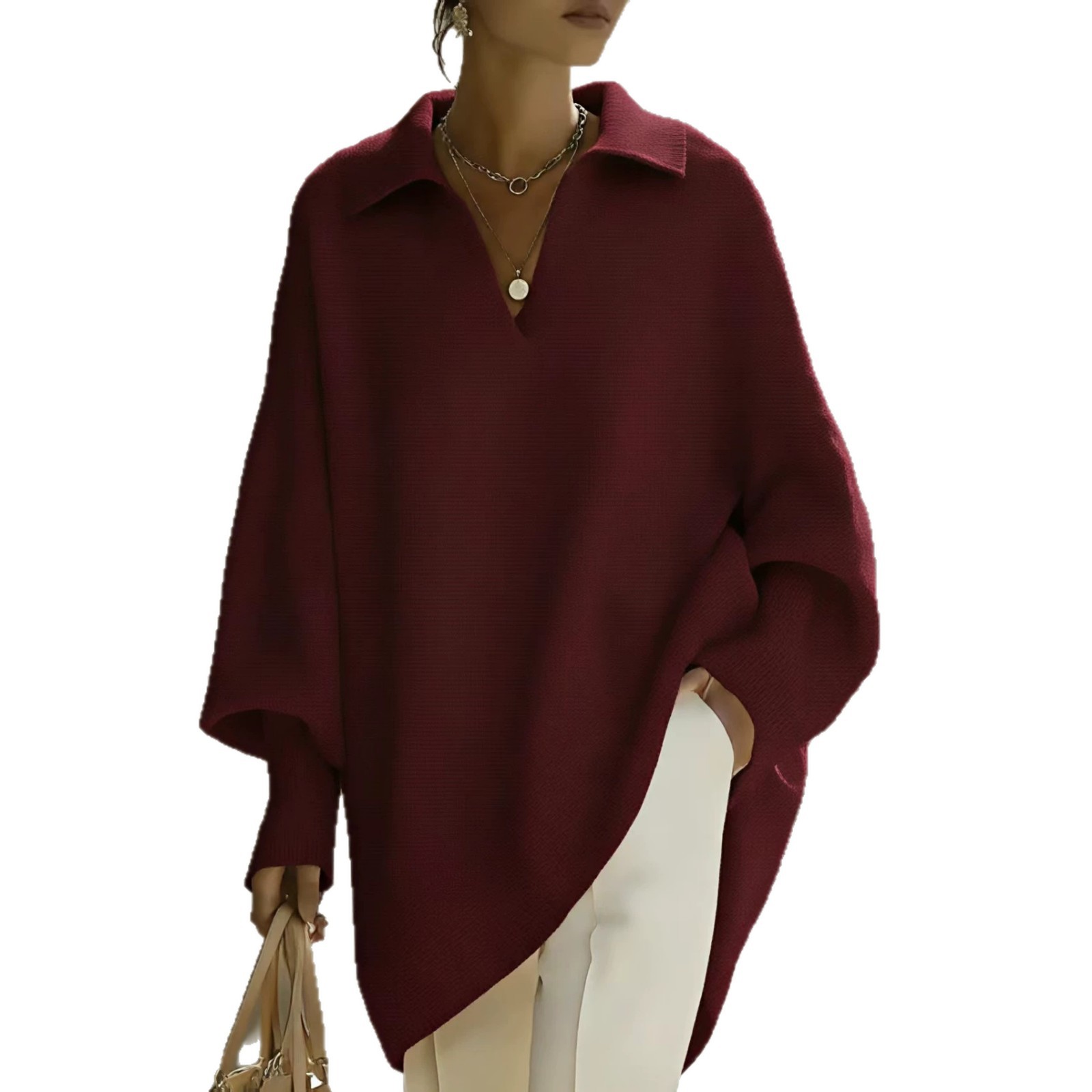 Women's Solid Color Long Sleeve V-Neck Loose Knit Sweater