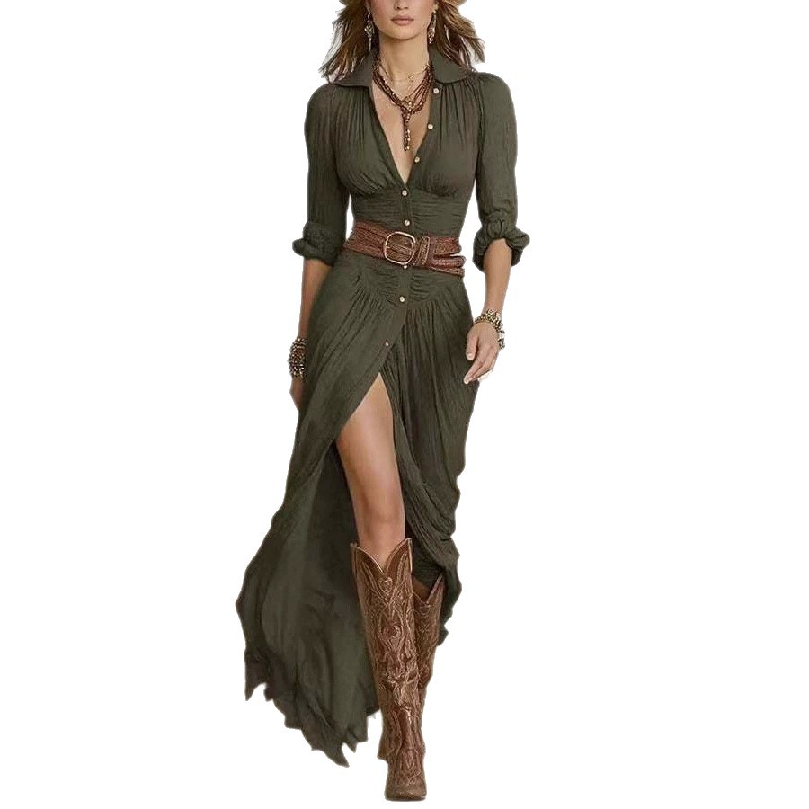 Women's Solid Color Asymmetric Ruched Dress with Belt