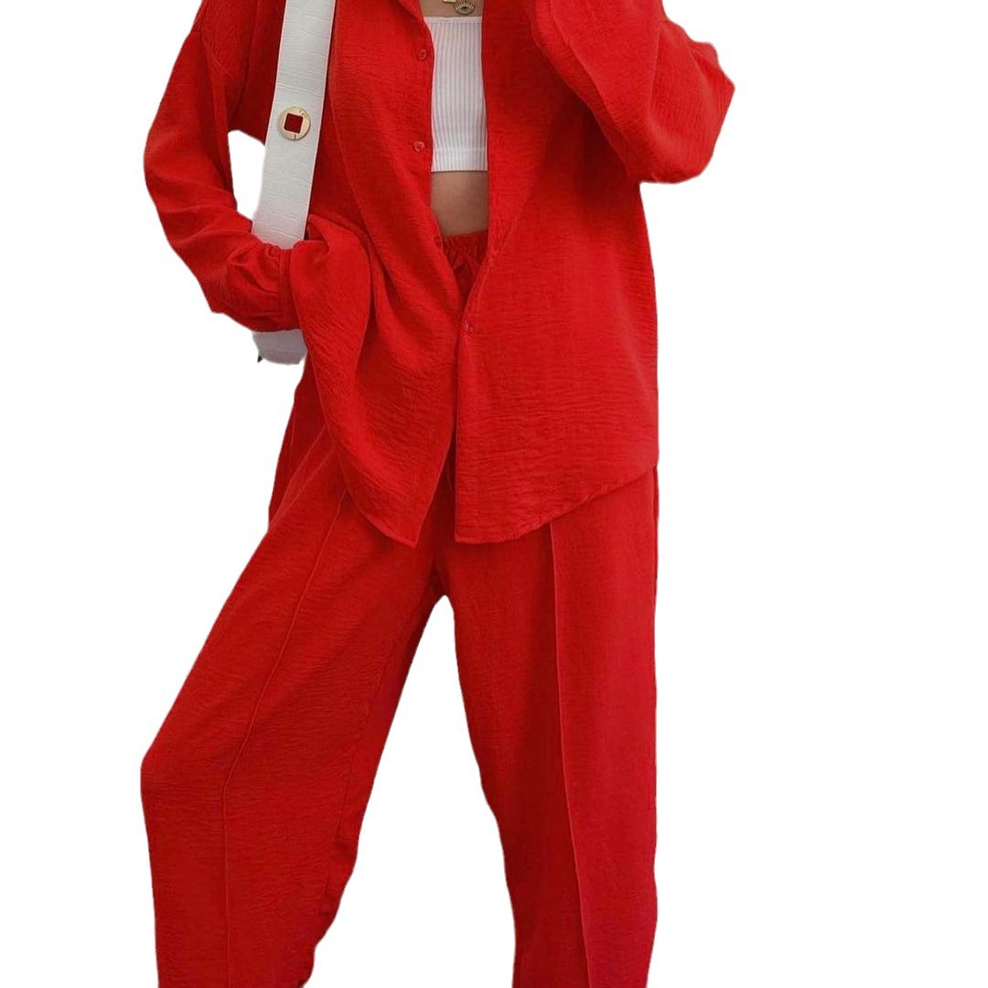 Women's Casual Two-Piece Set with Loose Collared Shirt and Tie-Waist Pants