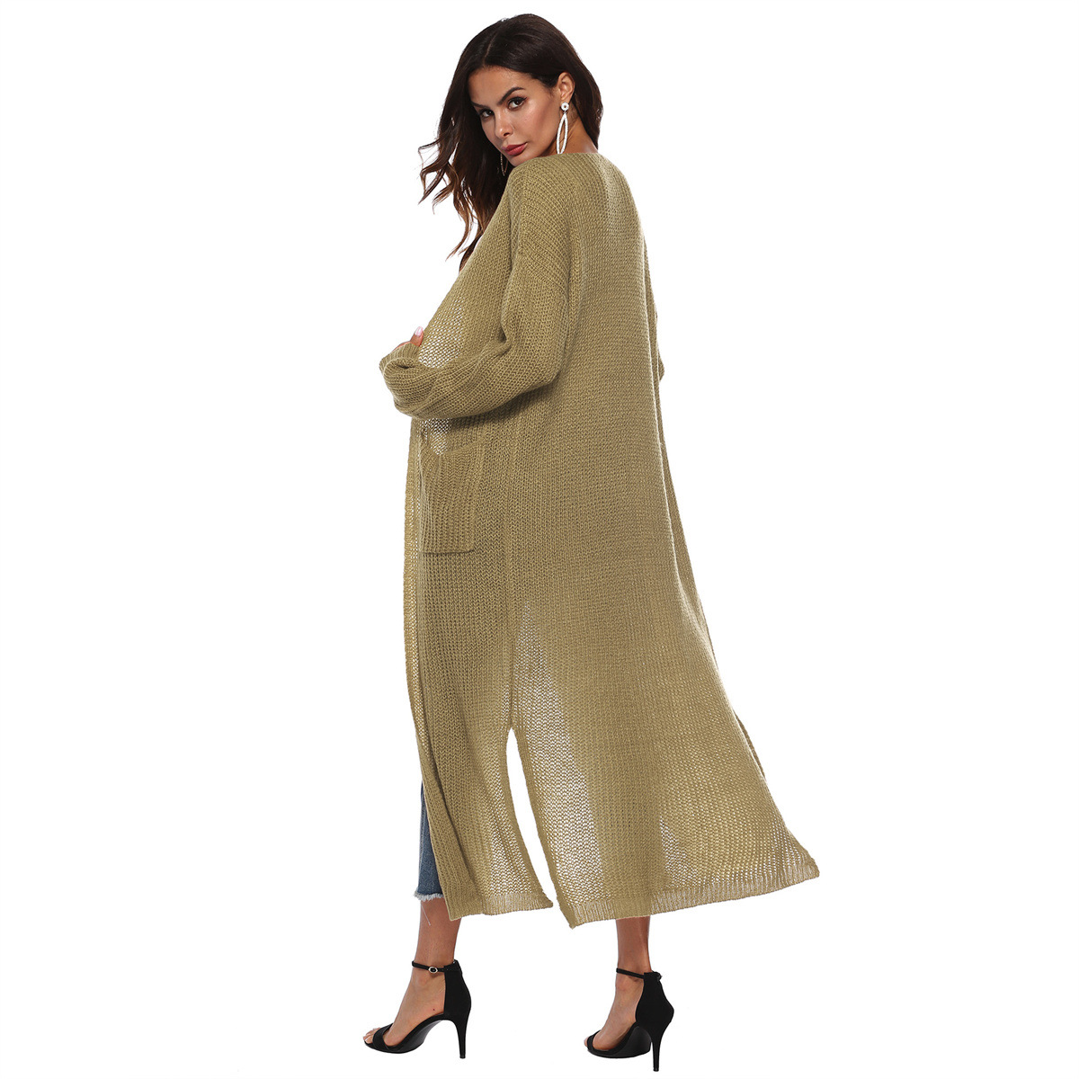Mohair Cardigan Women's Long Open Front Split Pocket Sweater Coat