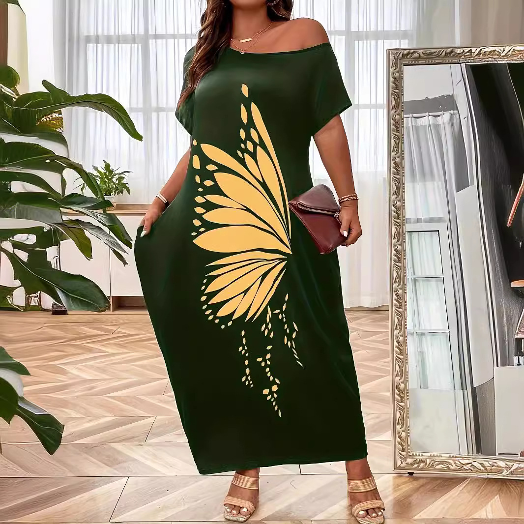 Women's Casual A-Line Butterfly Print Midi Dress U-Neck Short Sleeve