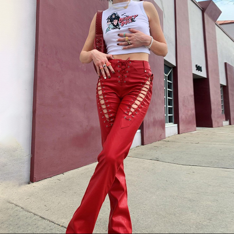 High-Waist Cutout Lace-Up Straight-Leg Slimming Faux Leather Pants
