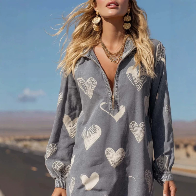 Retro Heart Print Collared Gray Denim Mini Skirt