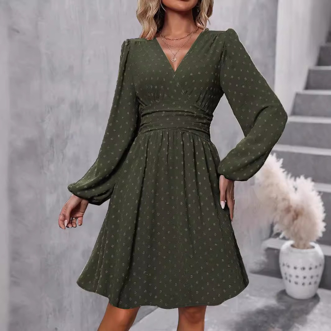Women's Jacquard V-Neck Lantern Sleeve Smocked Dress